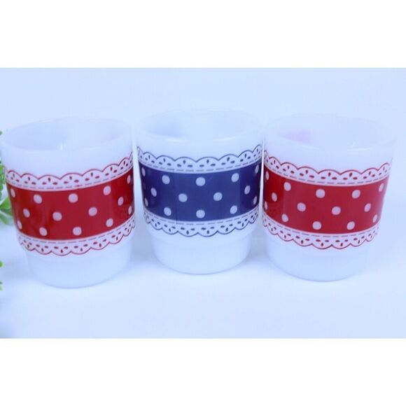Vintage Anchor Hocking Fire King Glass Mugs SET OF 3 Blue/Red Lace Polka Dots - Picture 1 of 8